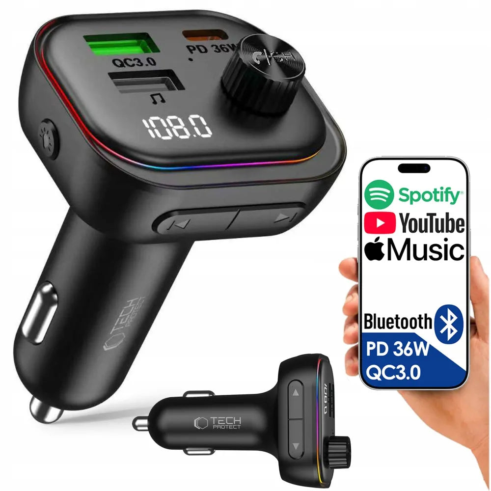 FM siųstuvas įkroviklis Bluetooth BT USB Type-C QC 3.0 + PD 36W LED MP3