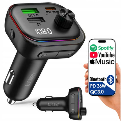 FM siųstuvas įkroviklis Bluetooth BT USB Type-C QC 3.0 + PD 36W LED MP3