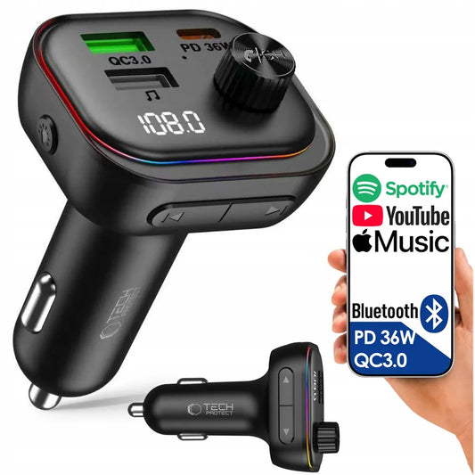 FM siųstuvas įkroviklis Bluetooth BT USB Type-C QC 3.0 + PD 36W LED MP3