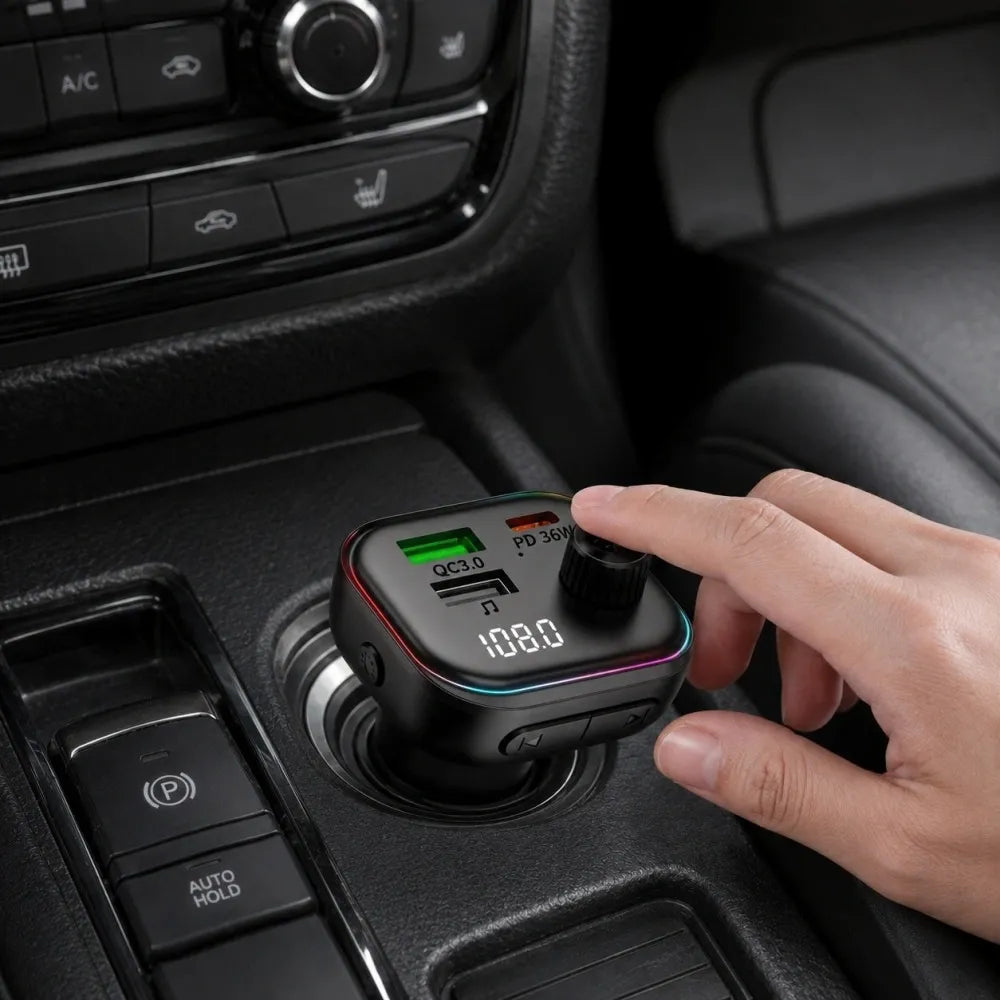 FM siųstuvas LED automobilinis įkroviklis Bluetooth USB + Type-C laidas 50 cm