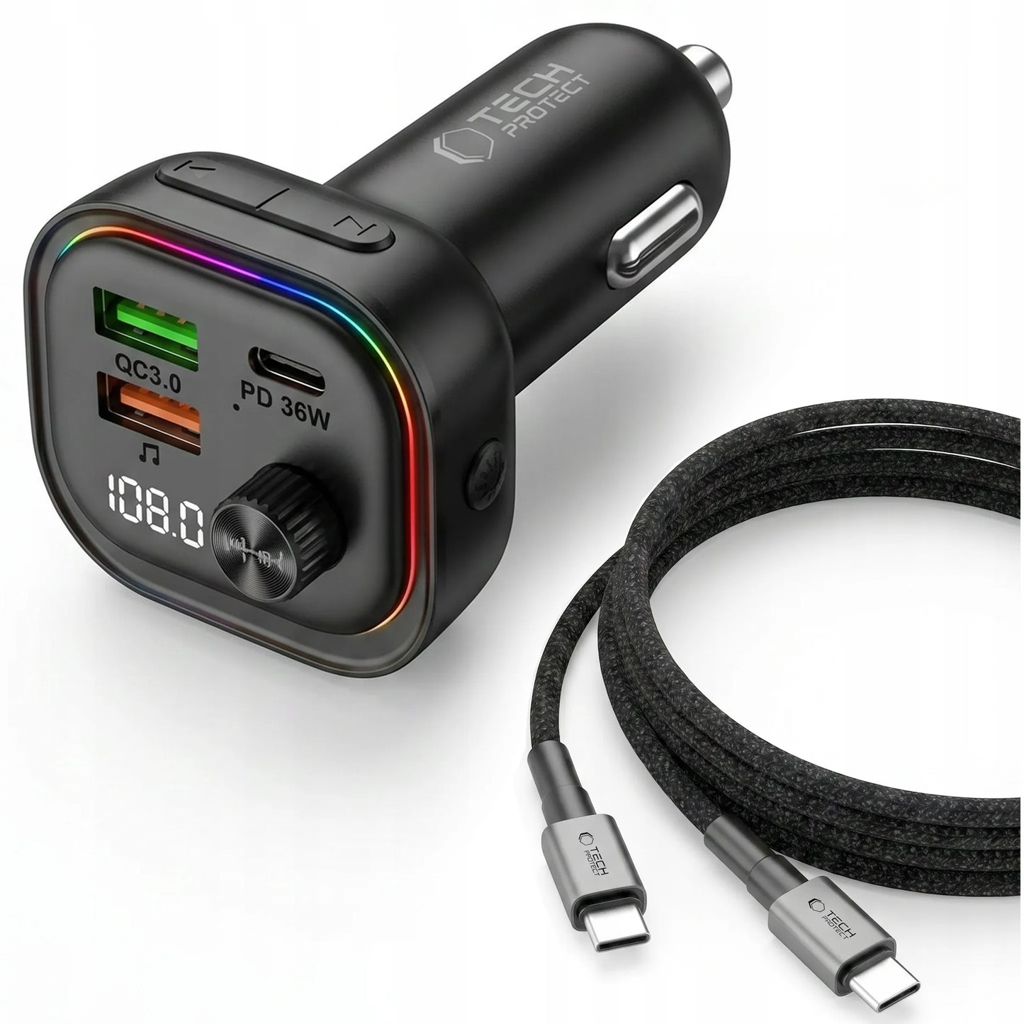 FM siųstuvas LED automobilinis įkroviklis Bluetooth USB + Type-C laidas 50 cm