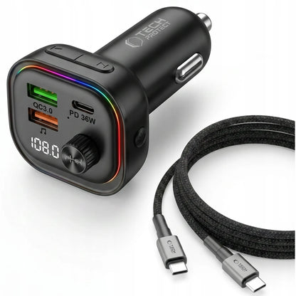 FM siųstuvas LED automobilinis įkroviklis Bluetooth USB + Type-C laidas 50 cm