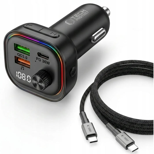 FM siųstuvas LED automobilinis įkroviklis Bluetooth USB + Type-C laidas 50 cm
