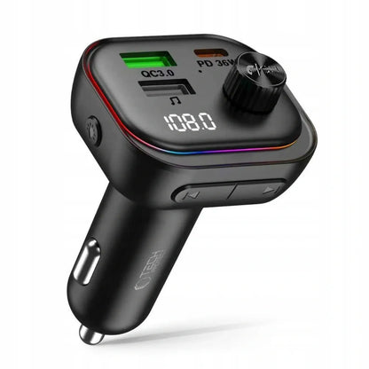 FM siųstuvas LED automobilinis įkroviklis Bluetooth USB + Type-C laidas 50 cm