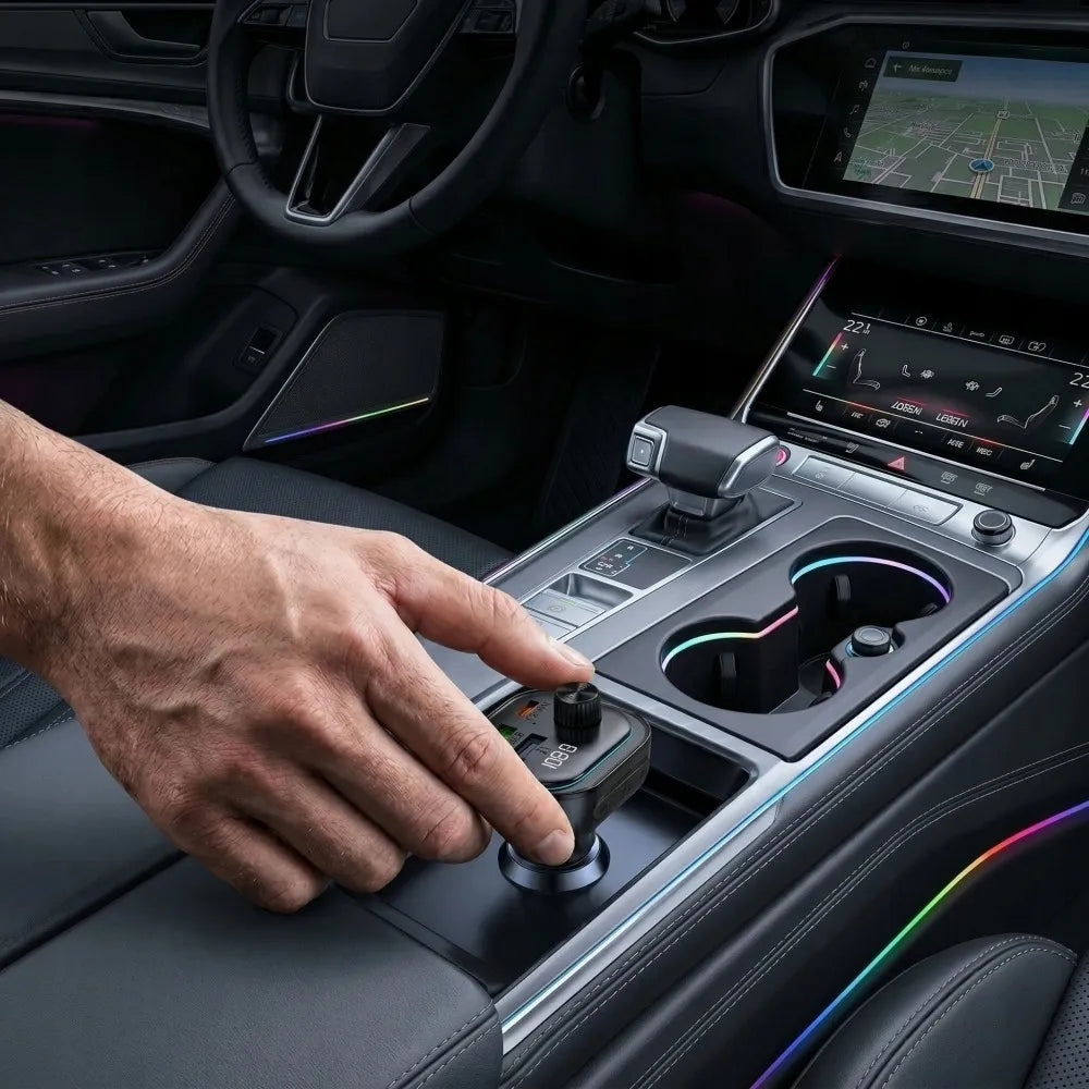 FM siųstuvas LED automobilinis įkroviklis Bluetooth USB Type-C QC3.0 + PD 36W