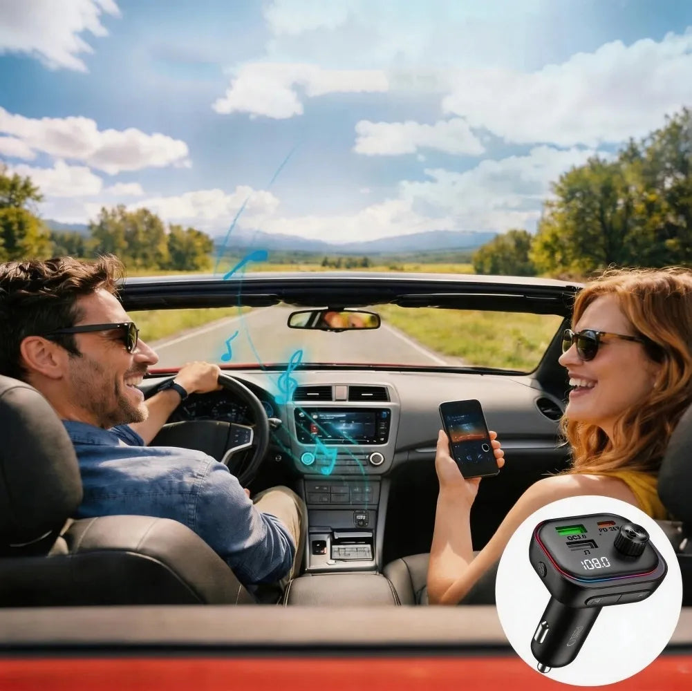 FM siųstuvas LED automobilinis įkroviklis Bluetooth USB Type-C QC3.0 + PD 36W