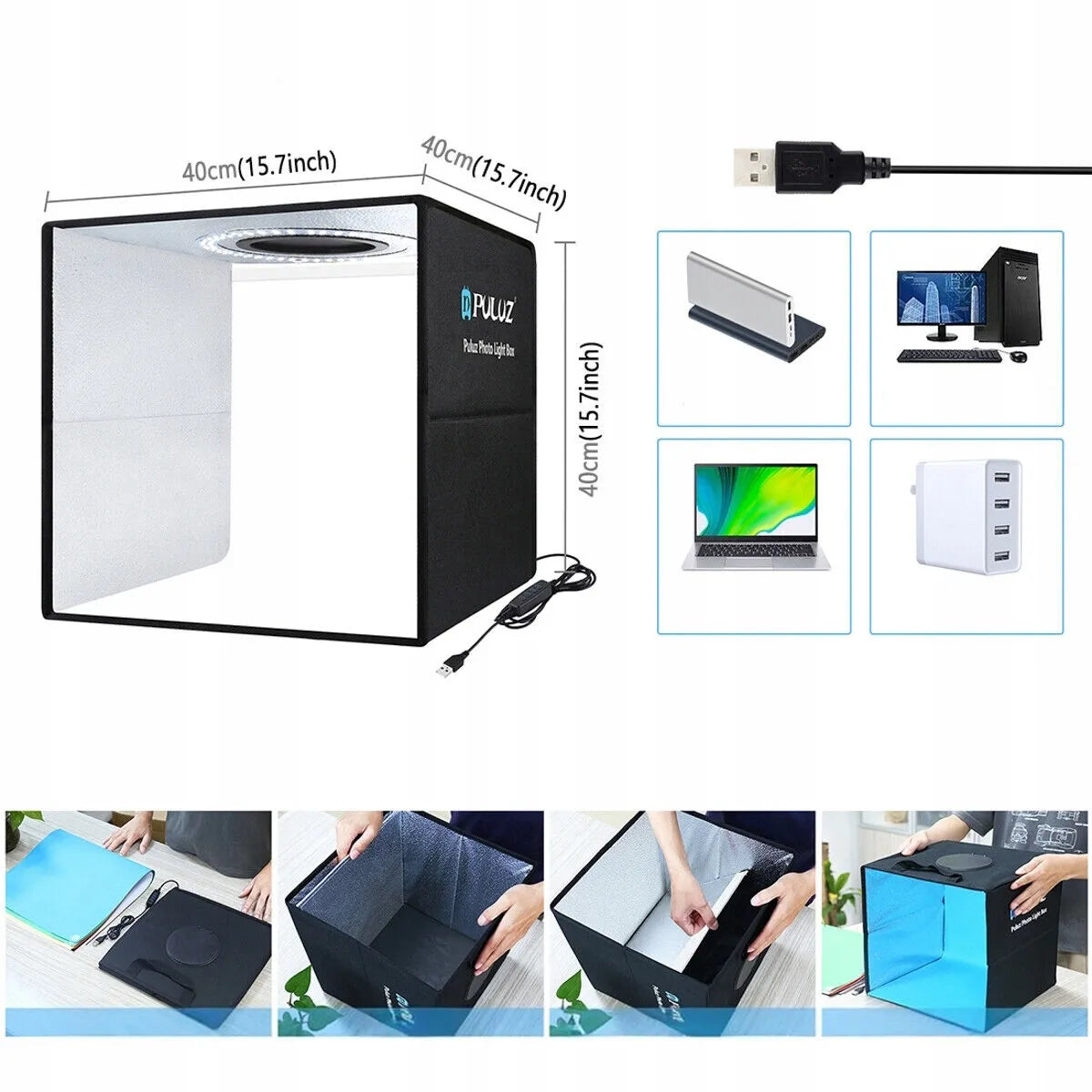 Fotobox 40 × 40 × 40 cm LED bešešėlė fotostudija