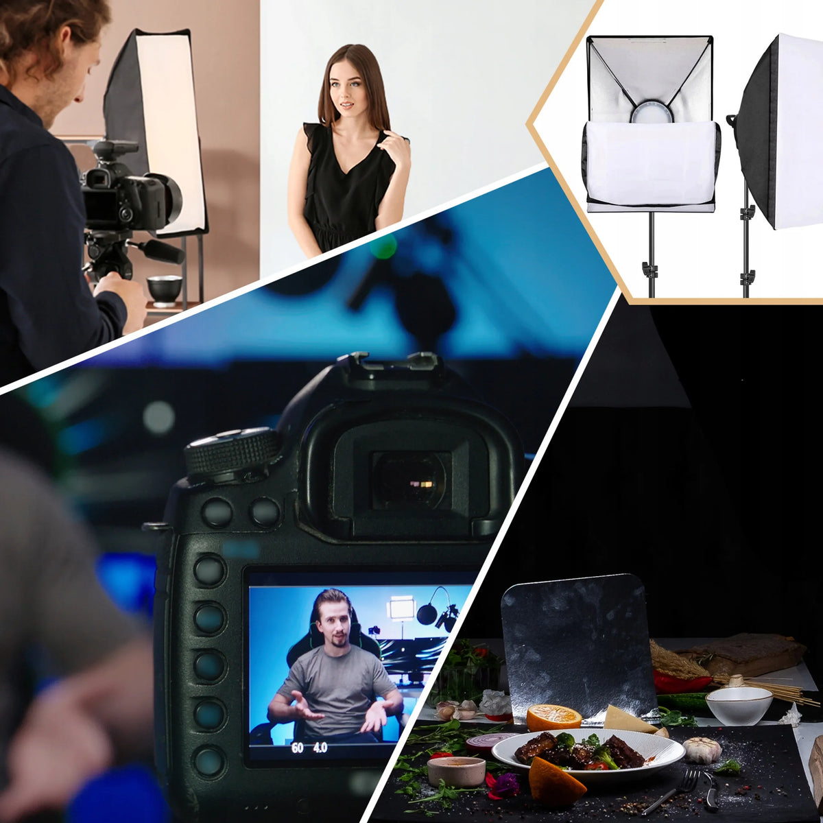 FOTOGRAFIJOS RINKINYS: 2 FOTOGRAFINĖS LEMPOS + 2 TRIKOJAI + 2 SOFTBOX DĖŽĖS 50 × 70 cm