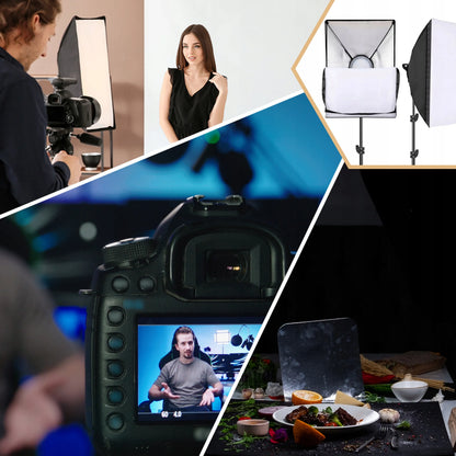 FOTOGRAFIJOS RINKINYS: 2 FOTOGRAFINĖS LEMPOS + 2 TRIKOJAI + 2 SOFTBOX DĖŽĖS 50 × 70 cm