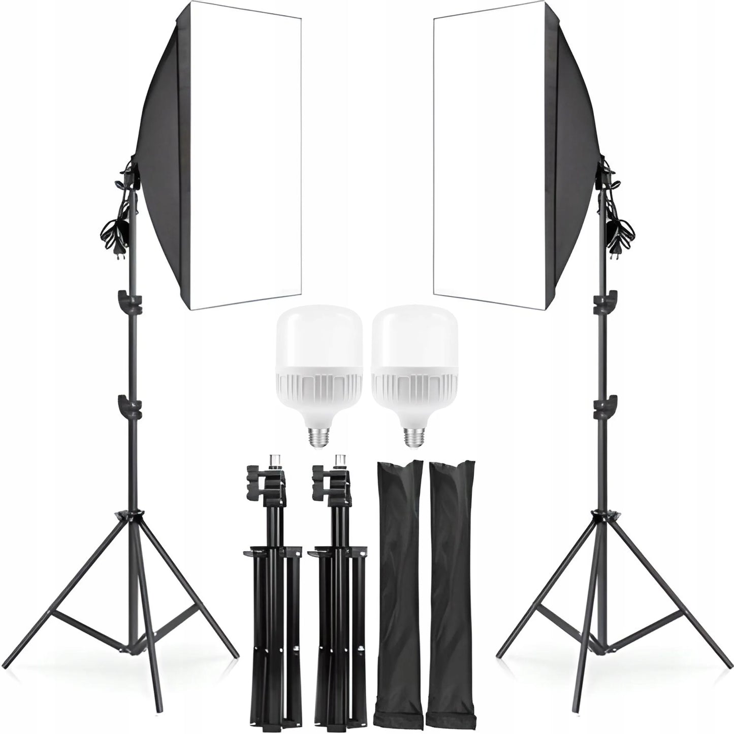 FOTOGRAFIJOS RINKINYS: 2 FOTOGRAFINĖS LEMPOS + 2 TRIKOJAI + 2 SOFTBOX DĖŽĖS 50 × 70 cm