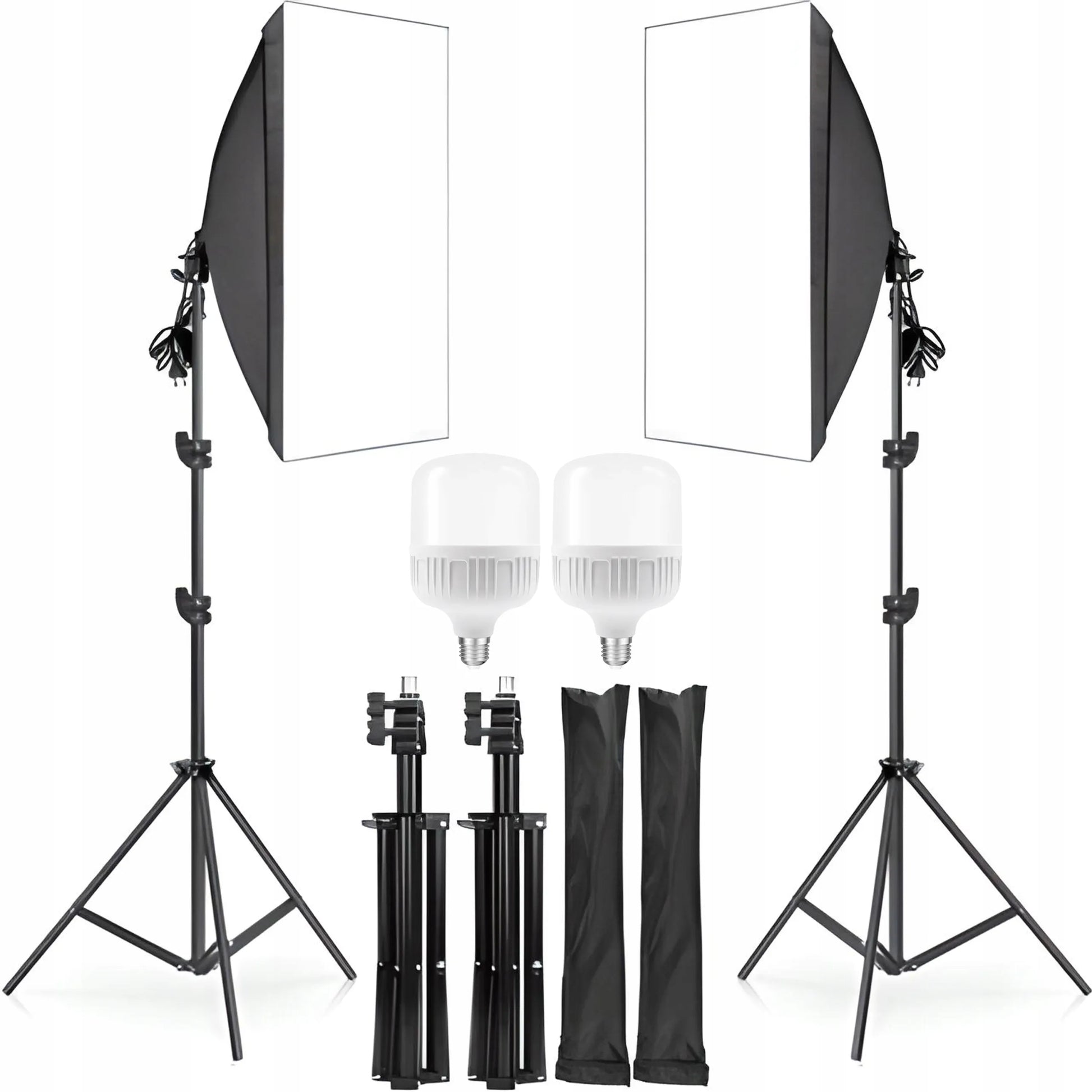 FOTOGRAFIJOS RINKINYS: 2 FOTOGRAFINĖS LEMPOS + 2 TRIKOJAI + 2 SOFTBOX DĖŽĖS 50 × 70 cm