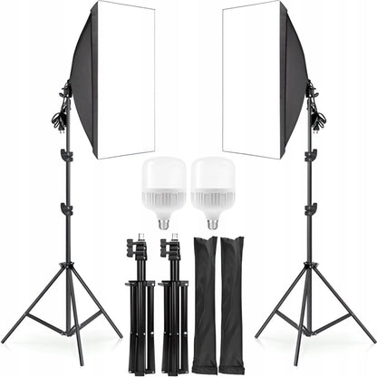 FOTOGRAFIJOS RINKINYS: 2 FOTOGRAFINĖS LEMPOS + 2 TRIKOJAI + 2 SOFTBOX DĖŽĖS 50 × 70 cm