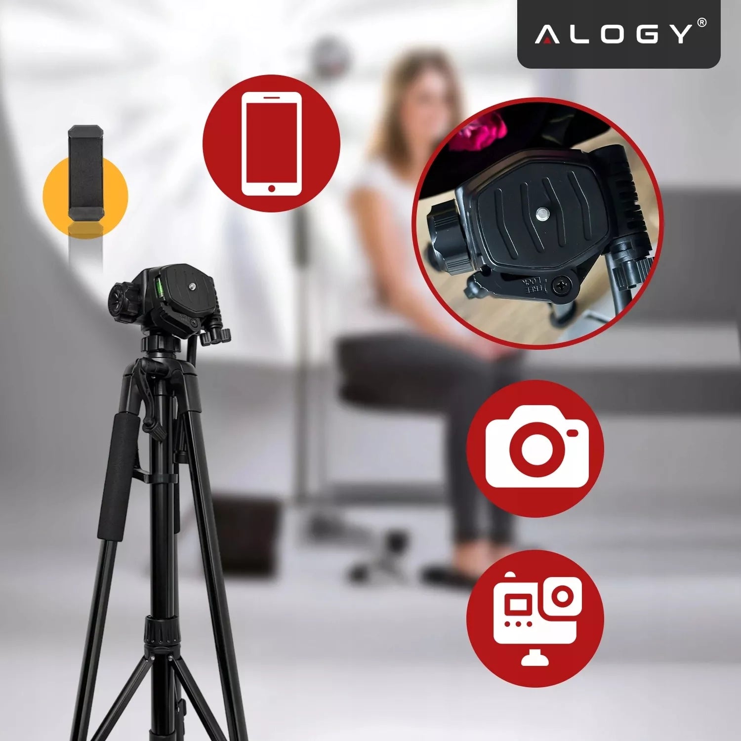 Fotografinis stovas trikojis Alogy PRO su laikikliu telefonui, fotoaparatui ir kamerai 1/4