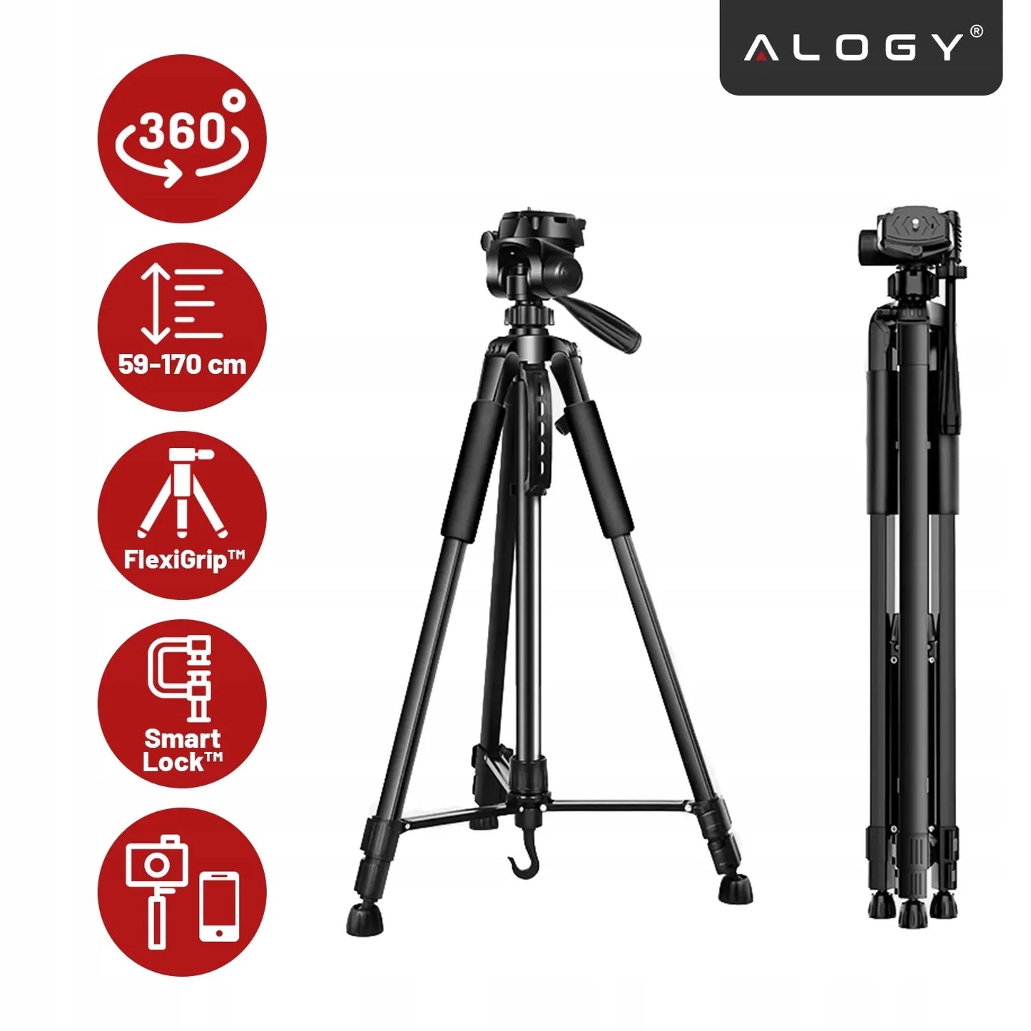 Fotografinis stovas trikojis Alogy PRO su laikikliu telefonui, fotoaparatui ir kamerai 1/4