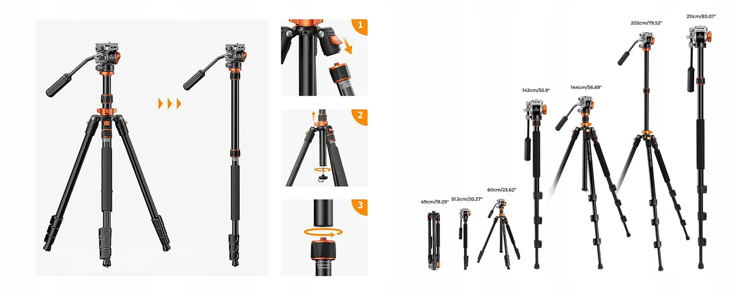 Fotografinis vaizdo trikojis K&F Concept K234A7 su FH-03 fluidine galvute