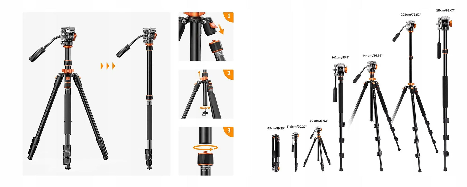 Fotografinis vaizdo trikojis K&F Concept K234A7 su FH-03 fluidine galvute