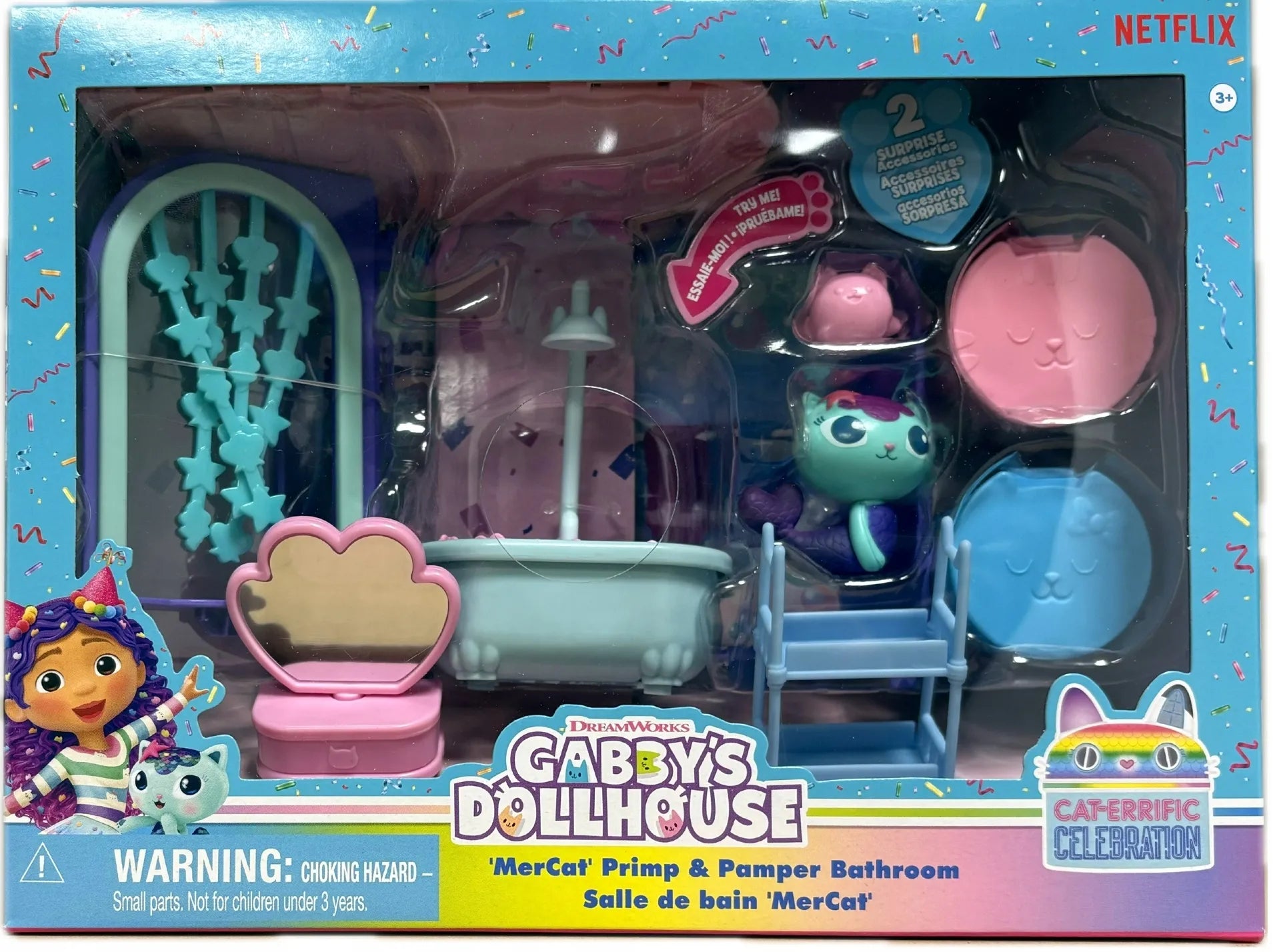 Gabby's Dollhouse vonios kambario rinkinys su „MerCat“ figūrėle ir baldais