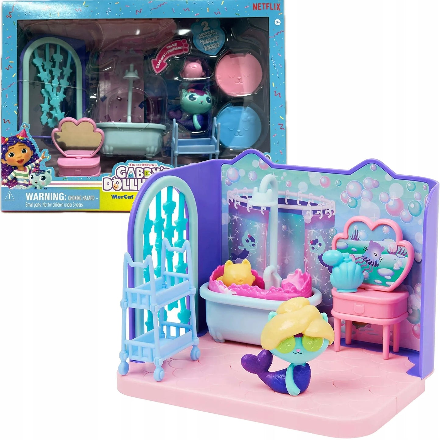 Gabby's Dollhouse vonios kambario rinkinys su „MerCat“ figūrėle ir baldais