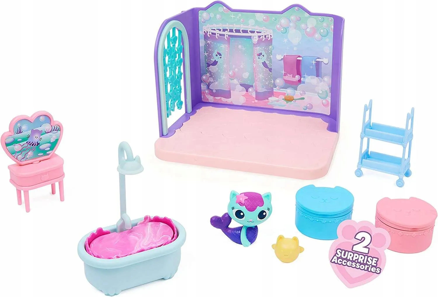Gabby's Dollhouse vonios kambario rinkinys su „MerCat“ figūrėle ir baldais