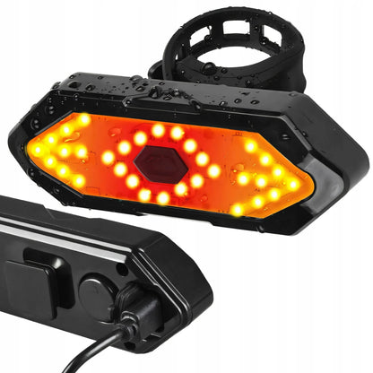 Galinė dviračio lemputė su posūkių signalais, USB, nuotolinio valdymo pulteliu, 900 mAh, IPX4, atspari vandeniui