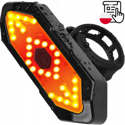 Galinė dviračio lemputė su posūkių signalais, USB, nuotolinio valdymo pulteliu, 900 mAh, IPX4, atspari vandeniui