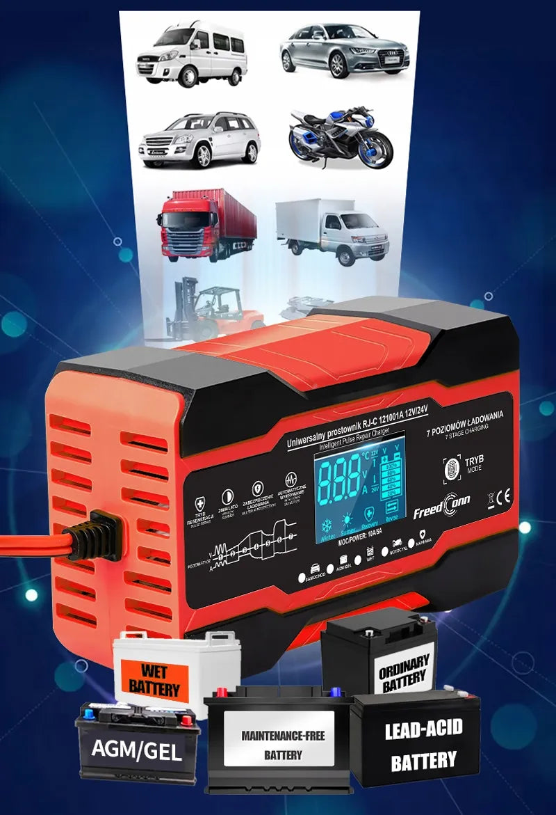 Galingas akumuliatoriaus įkroviklis 10A automobiliams, mikroautobusams, vilkikams 12V 24V
