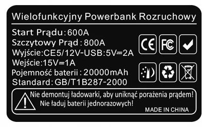 Galingas automobilinis paleidimo įrenginys „Power Bank“ su žibintu, 20 000 mAh, 12 V