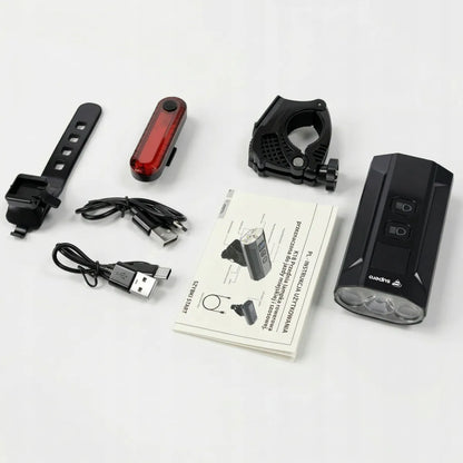 Galingas priekinis ir galinis dviračio žibintų komplektas 1200lm, išorinė baterija, USB-C