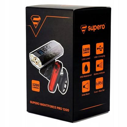 Galingas priekinis ir galinis dviračio žibintų komplektas 1200lm, išorinė baterija, USB-C
