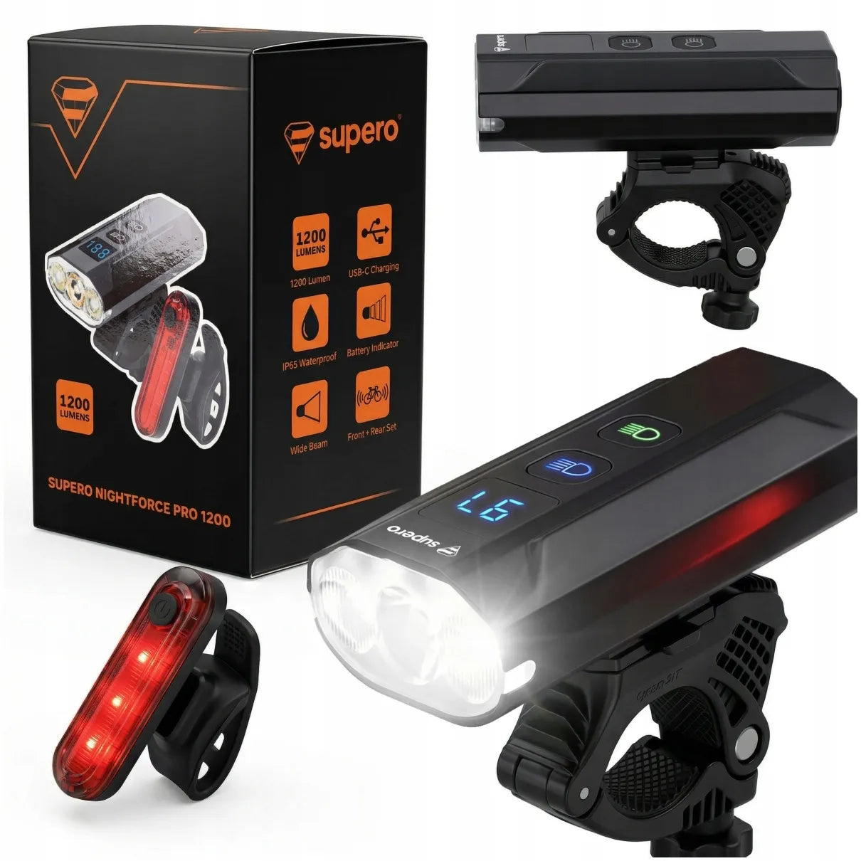 Galingas priekinis ir galinis dviračio žibintų komplektas 1200lm, išorinė baterija, USB-C