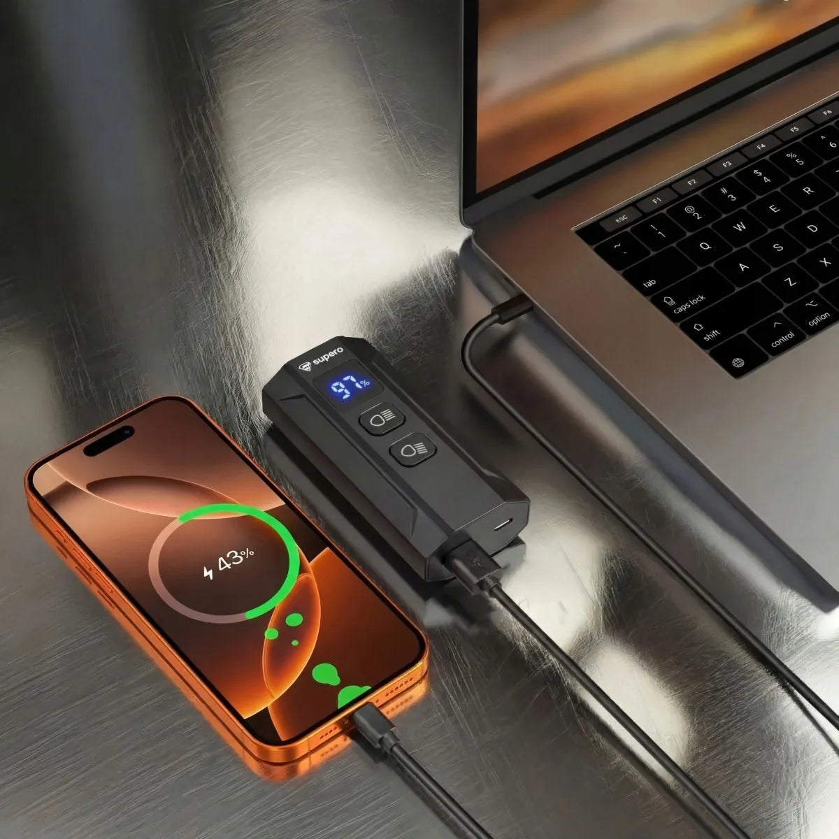 Galingas priekinis ir galinis dviračio žibintų komplektas 1200lm, išorinė baterija, USB-C