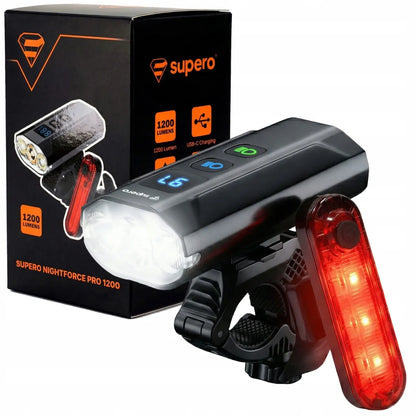 Galingas priekinis ir galinis dviračio žibintų komplektas 1200lm, išorinė baterija, USB-C
