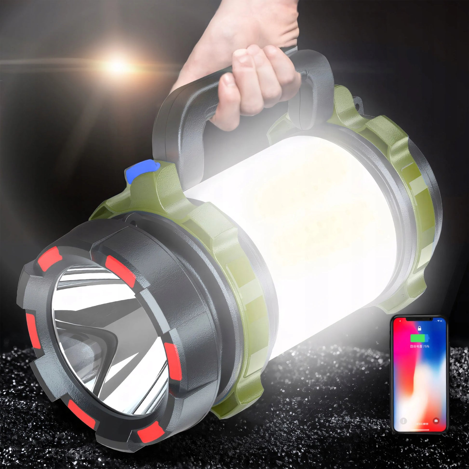 Galingas RETOO E954 akumuliatorinis LED prožektorius ir dirbtuvių lempa su USB bei rankena