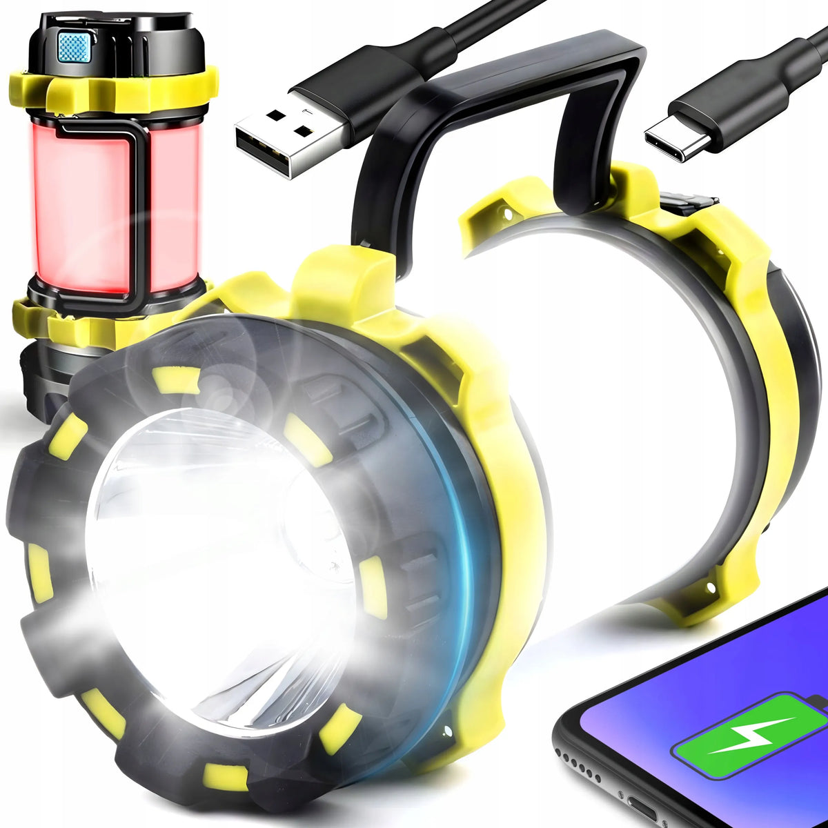 Galingas RETOO E954 akumuliatorinis LED prožektorius ir dirbtuvių lempa su USB bei rankena