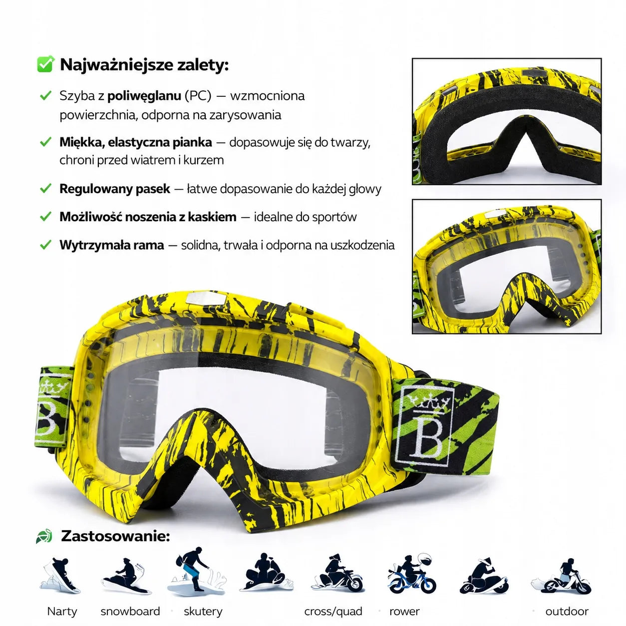 Geltoni unisex akiniai motociklui, keturračiui, paspirtukui, slidinėjimui ir snieglentei UV400