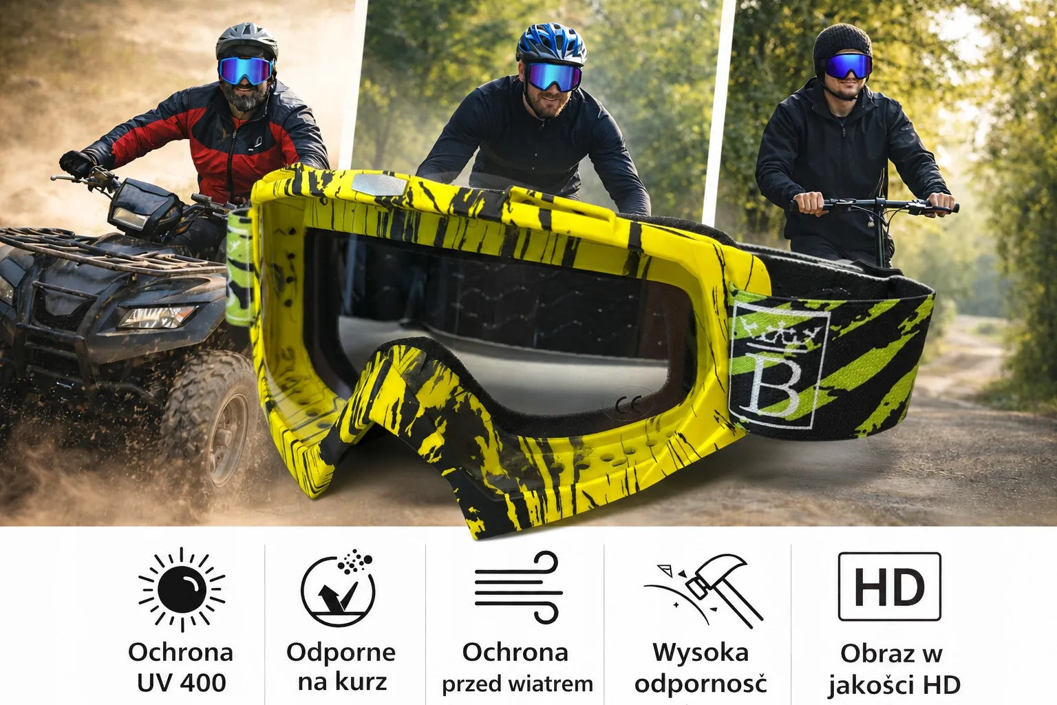 Geltoni unisex akiniai motociklui, keturračiui, paspirtukui, slidinėjimui ir snieglentei UV400