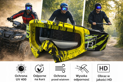 Geltoni unisex akiniai motociklui, keturračiui, paspirtukui, slidinėjimui ir snieglentei UV400
