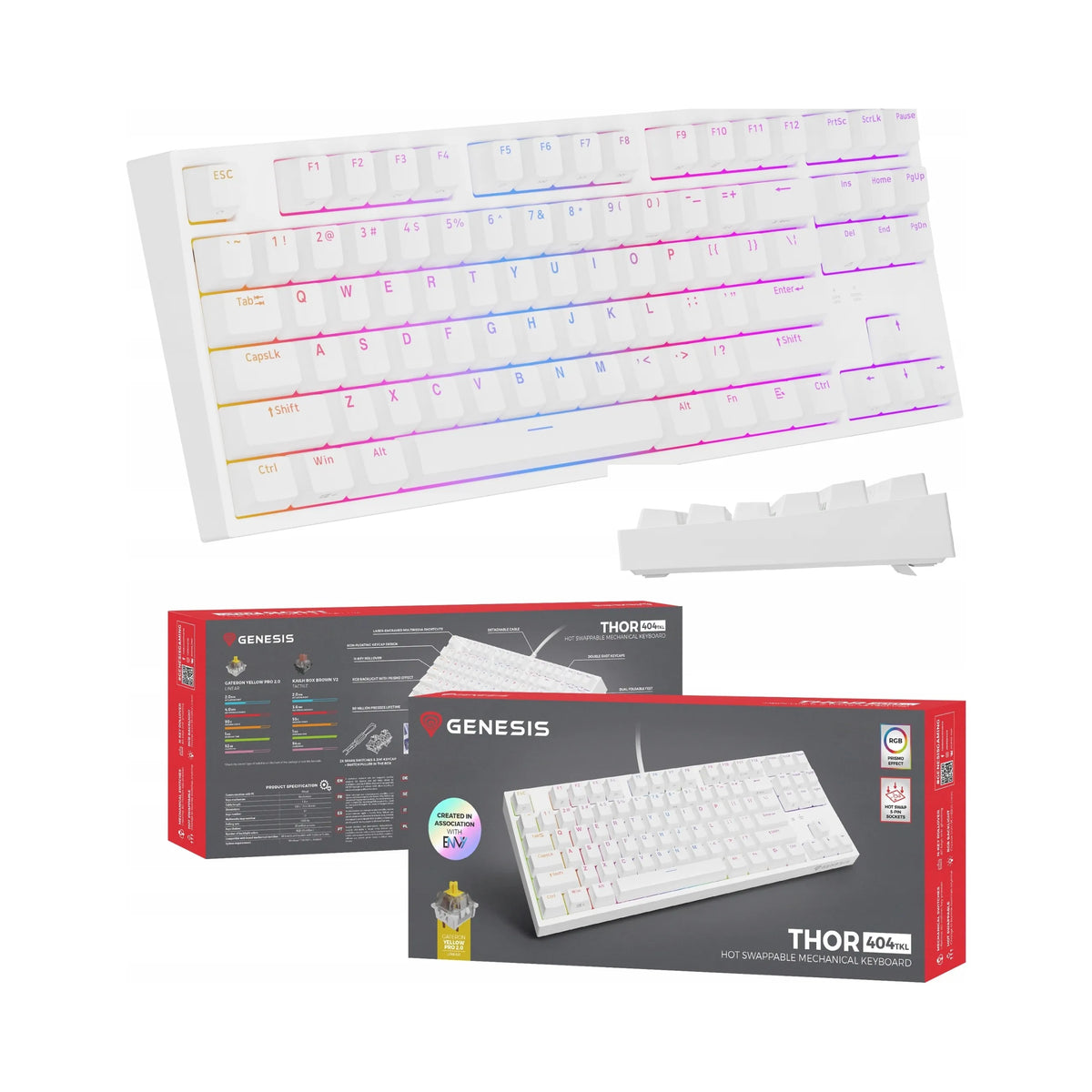 „Genesis Thor 404 TKL“ mechaninė žaidimų klaviatūra, USB, JAV tarptautinis QWERTY, balta, „Gateron Yellow“
