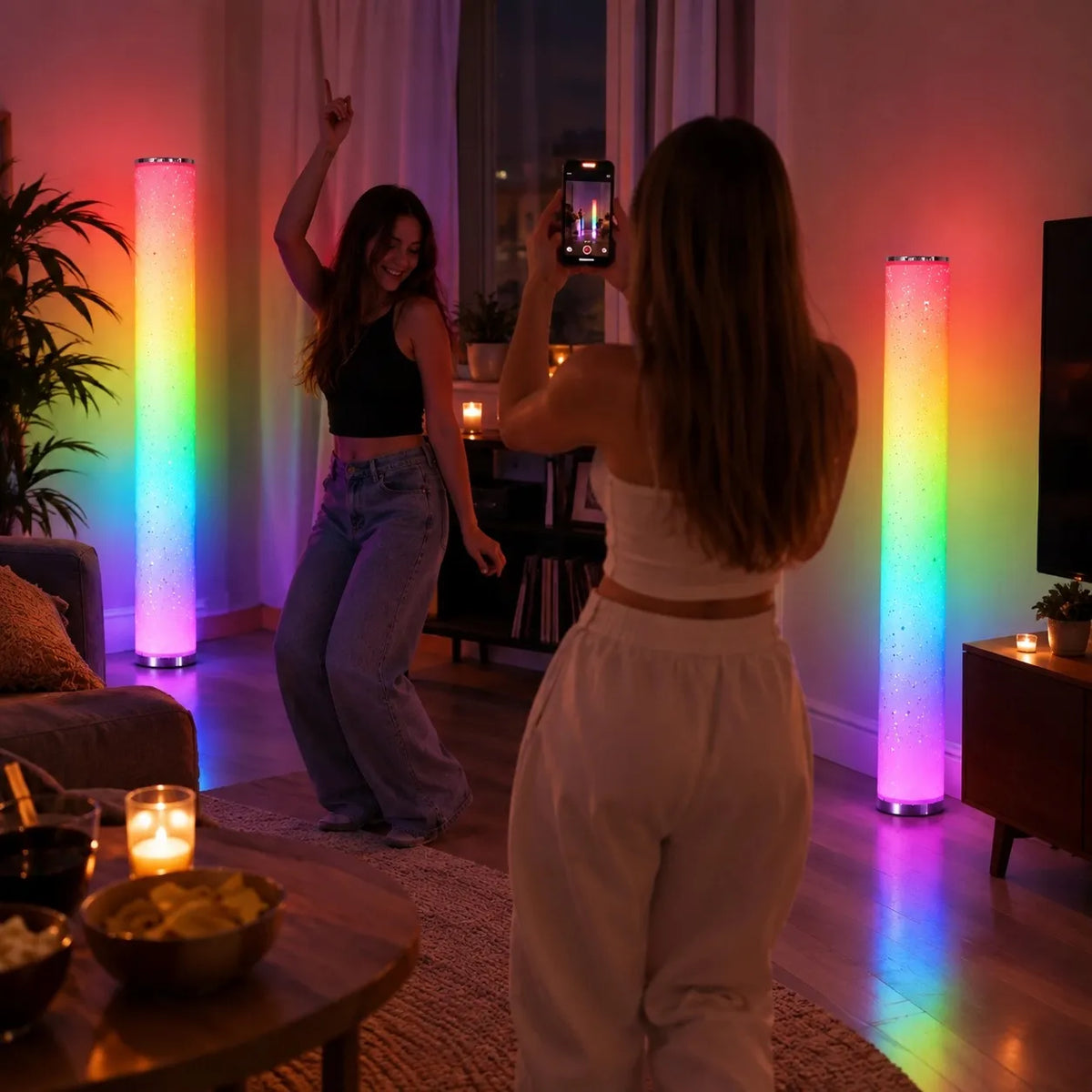 Goldlux Stella LED RGBW toršeras, muzikinė lempa su pulteliu, įvairiaspalvis, 103 cm