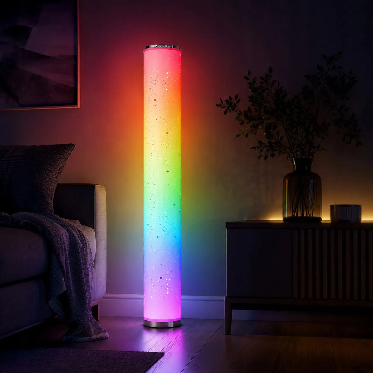 Goldlux Stella LED RGBW toršeras, muzikinė lempa su pulteliu, įvairiaspalvis, 103 cm