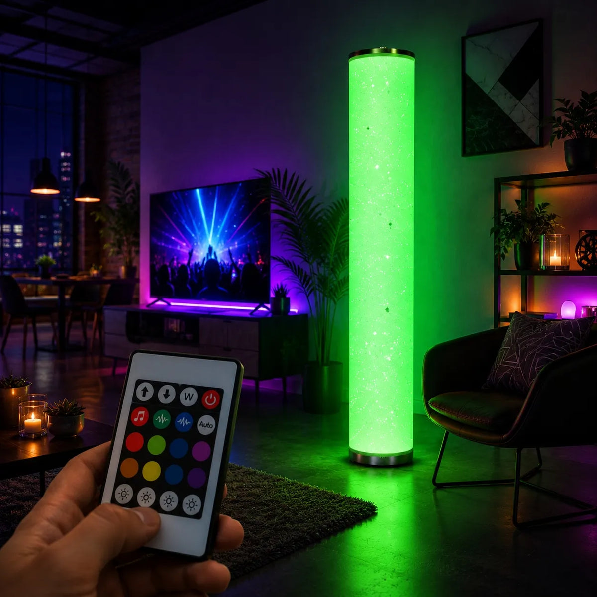 Goldlux Stella LED RGBW toršeras, muzikinė lempa su pulteliu, įvairiaspalvis, 103 cm