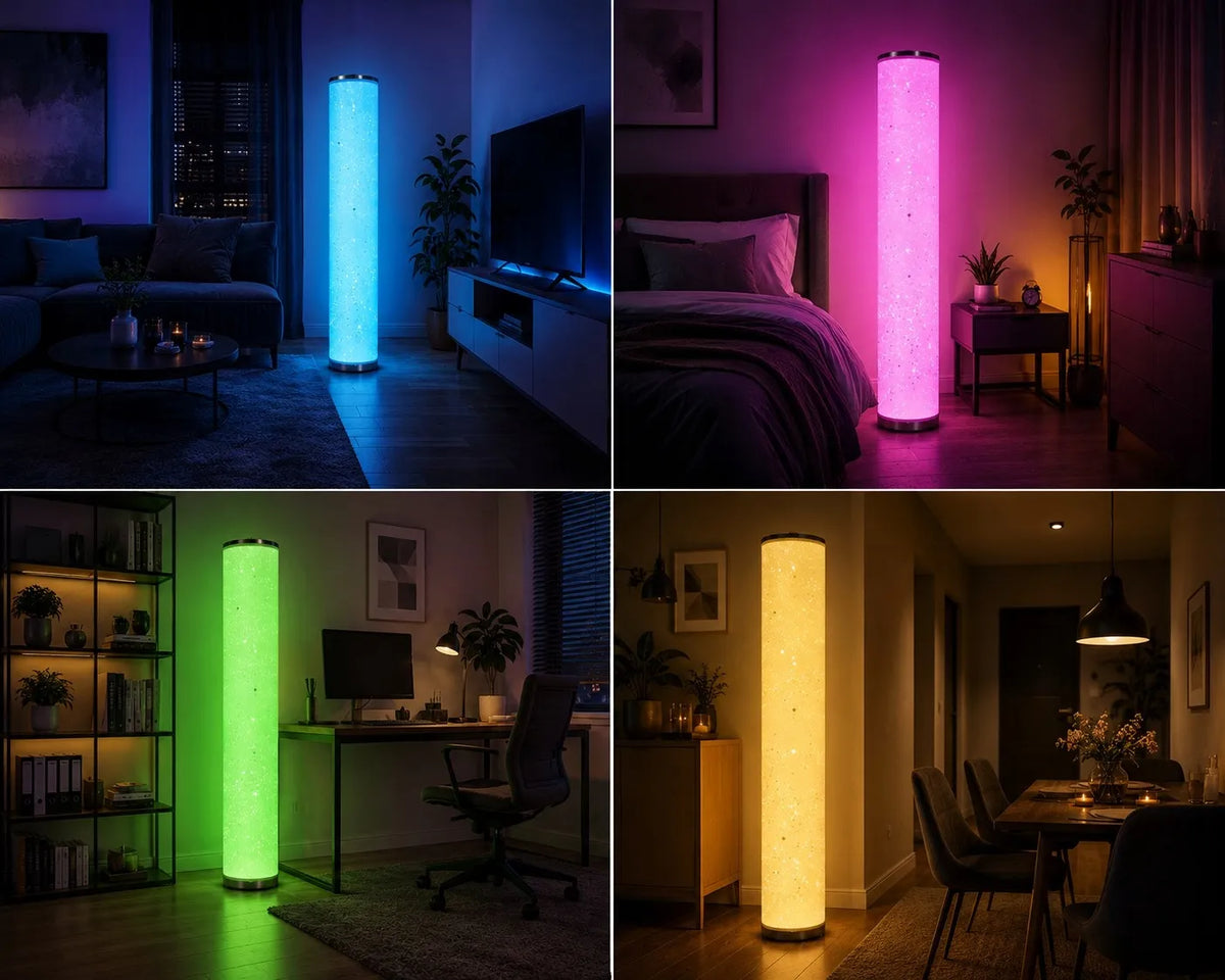 Goldlux Stella LED RGBW toršeras, muzikinė lempa su pulteliu, įvairiaspalvis, 103 cm