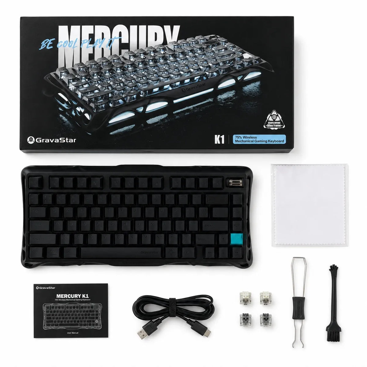 GravaStar Mercury K1 mechaninė klaviatūra, 75 %, Tri-Mode, RGB, Stealth Black