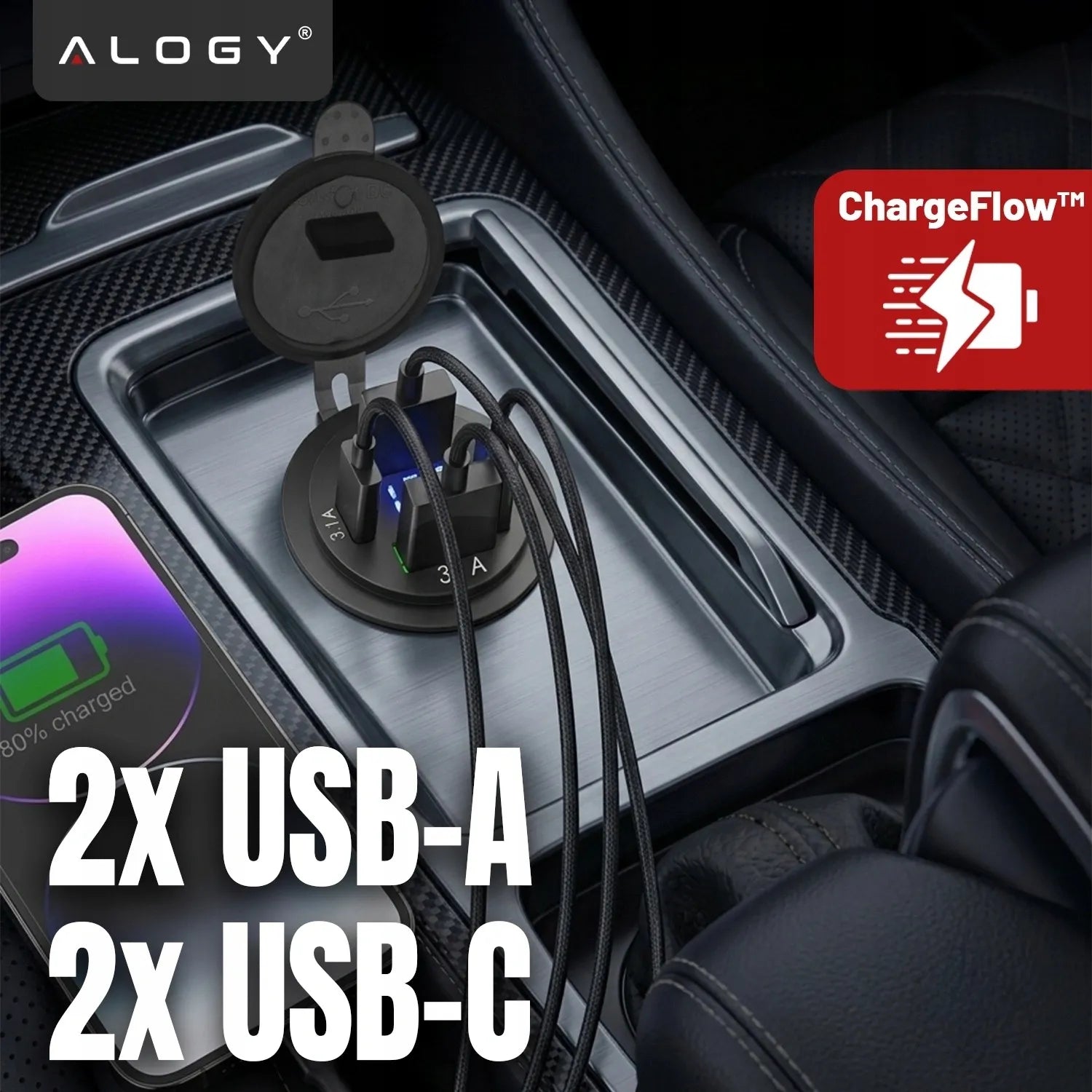 Greitasis automobilinis įkroviklis 60 W 2x USB 2x USB-C PD su voltmetru motociklams