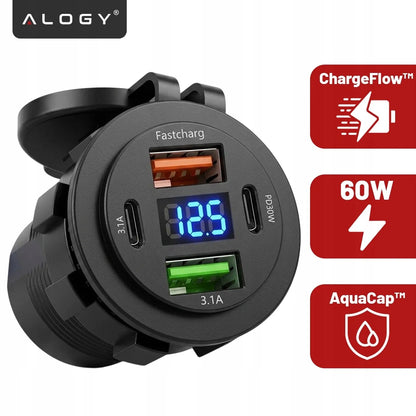 Greitasis automobilinis įkroviklis 60 W 2x USB 2x USB-C PD su voltmetru motociklams