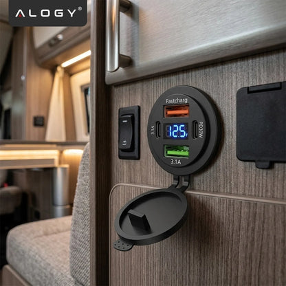 Greitasis automobilinis įkroviklis 60 W 2x USB 2x USB-C PD su voltmetru motociklams