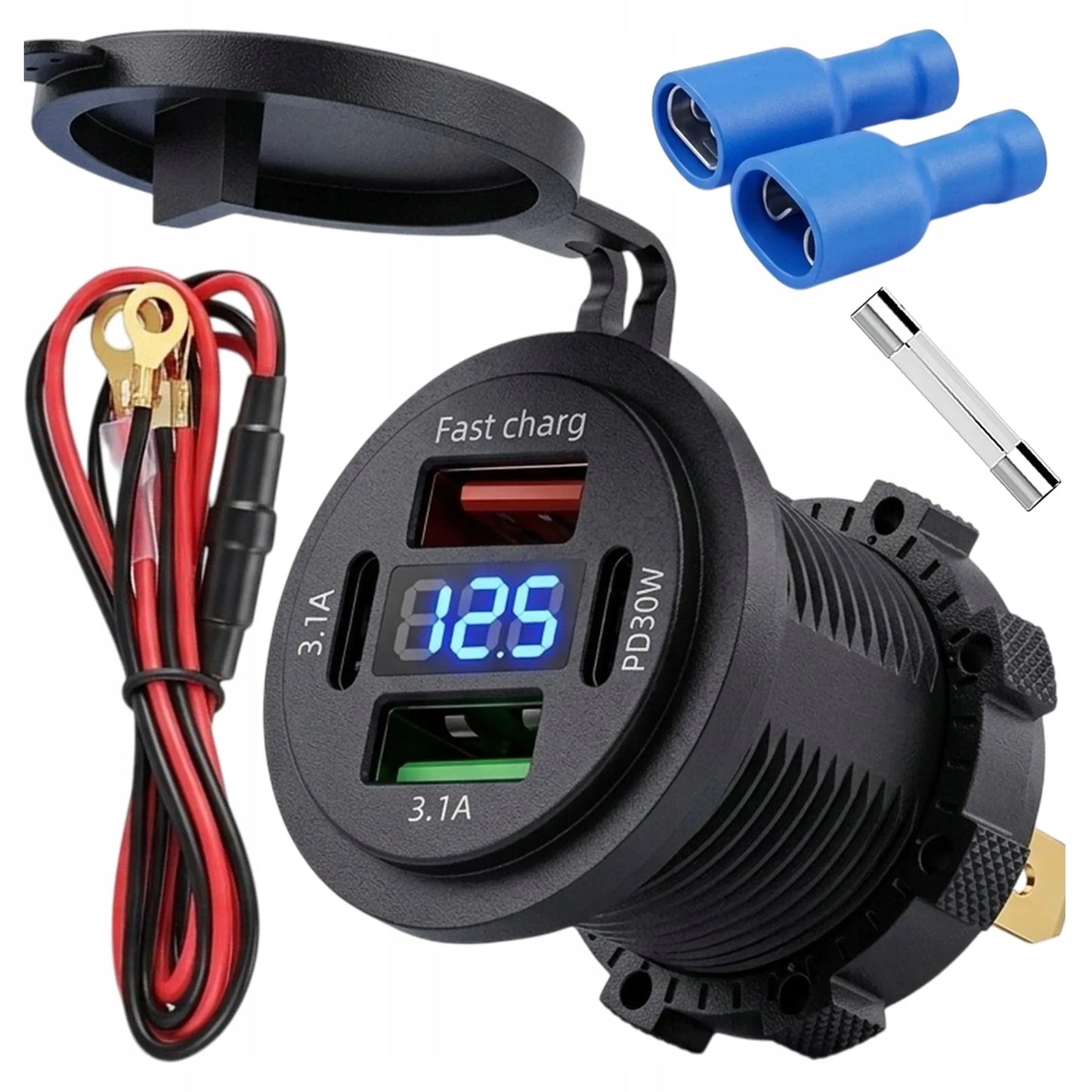 Greitasis automobilinis įkroviklis 60 W 2x USB 2x USB-C PD su voltmetru motociklams