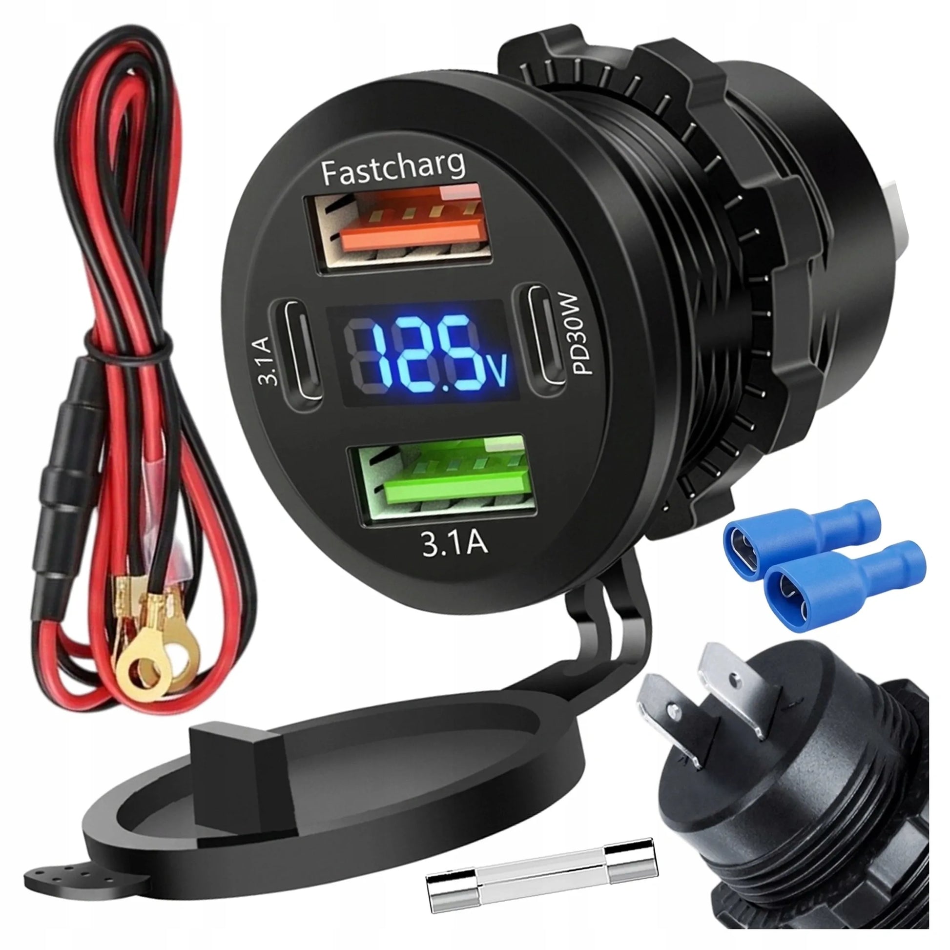 Greitasis automobilinis įkroviklis 60 W 2x USB 2x USB-C PD su voltmetru motociklams