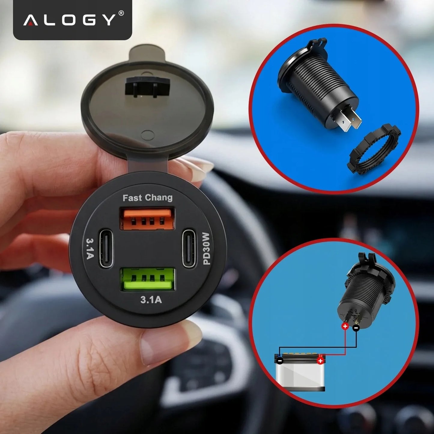 Greitasis automobilinis įkroviklis 60 W 2x USB 2x USB-C PD su voltmetru motociklams