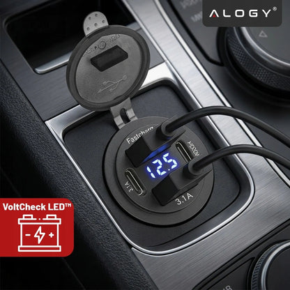 Greitasis automobilinis įkroviklis 60 W 2x USB 2x USB-C PD su voltmetru motociklams